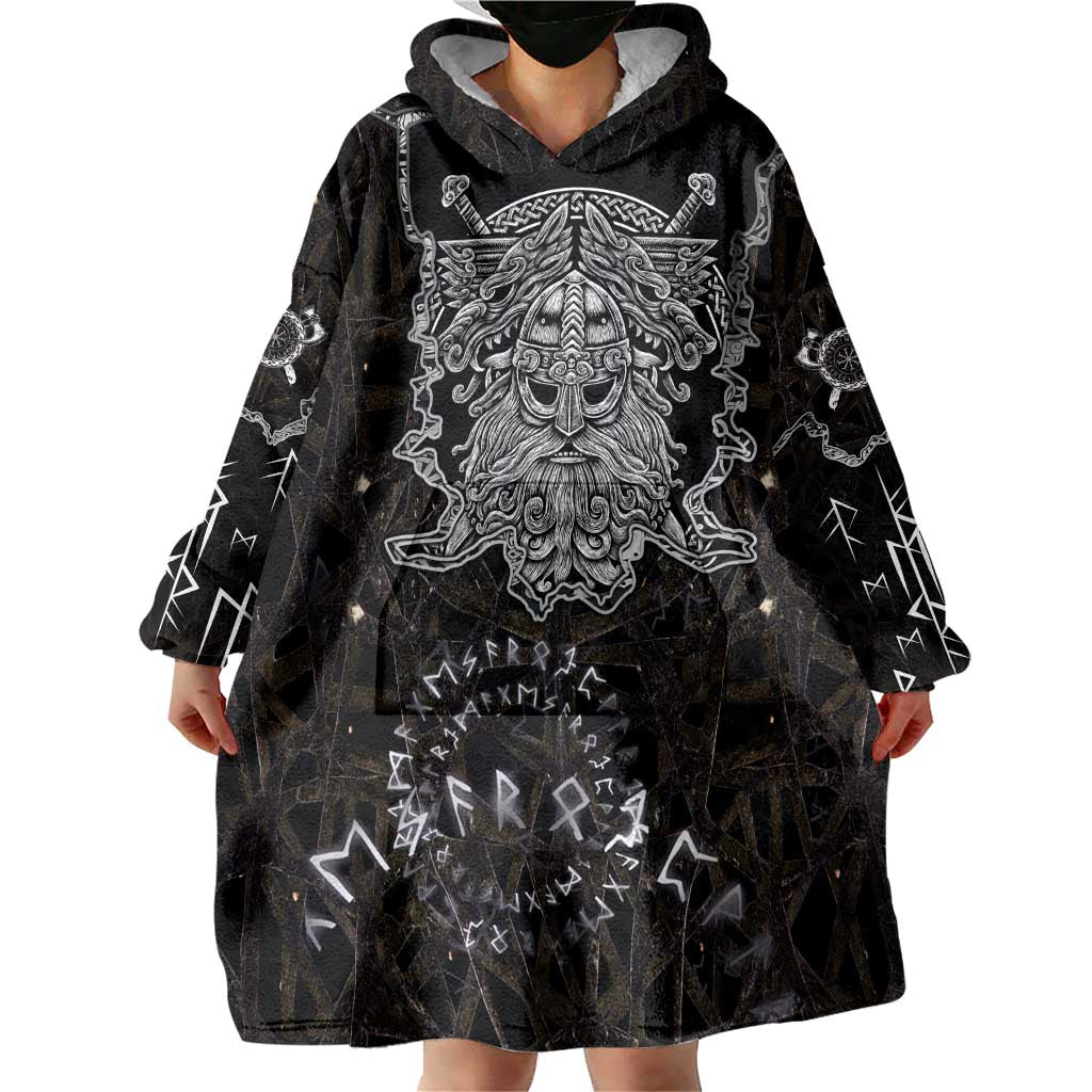 Viking Elder and Helm of Awe Norse Mythology Wearable Blanket Hoodie Monochrome Rune Engraving Style