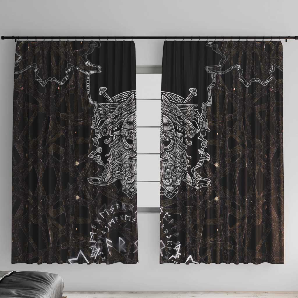 Viking Elder and Helm of Awe Norse Mythology Window Curtain Monochrome Rune Engraving Style