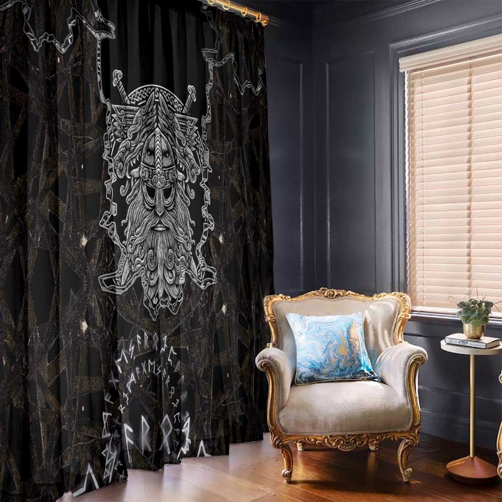 Viking Elder and Helm of Awe Norse Mythology Window Curtain Monochrome Rune Engraving Style