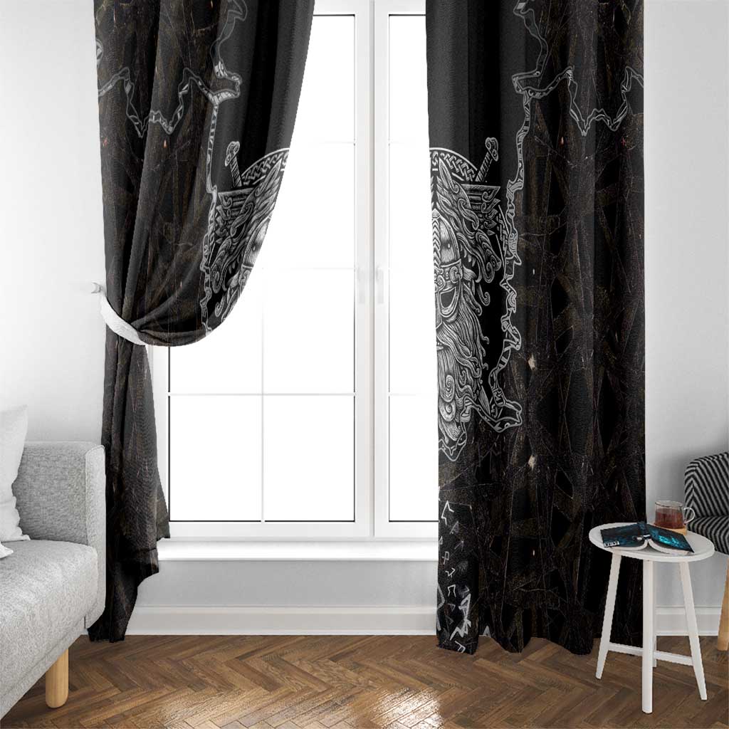 Viking Elder and Helm of Awe Norse Mythology Window Curtain Monochrome Rune Engraving Style