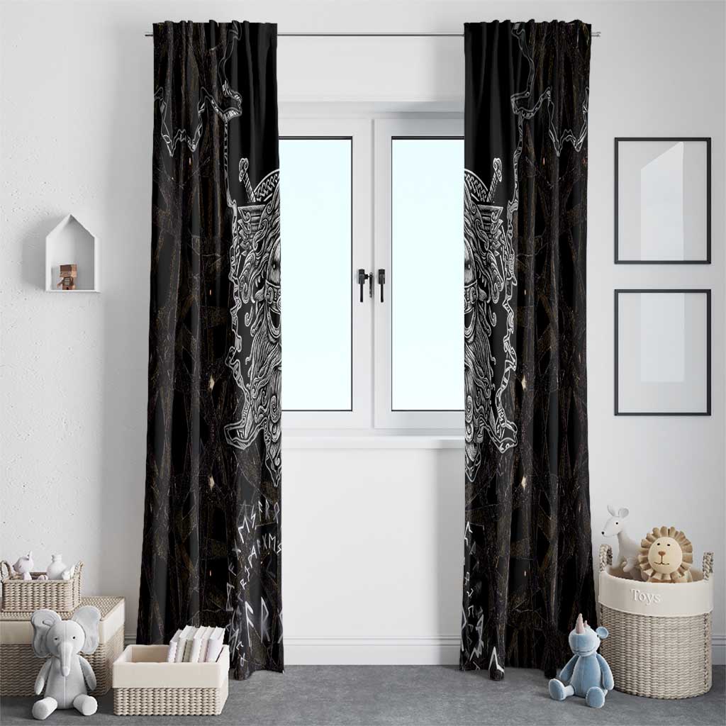 Viking Elder and Helm of Awe Norse Mythology Window Curtain Monochrome Rune Engraving Style
