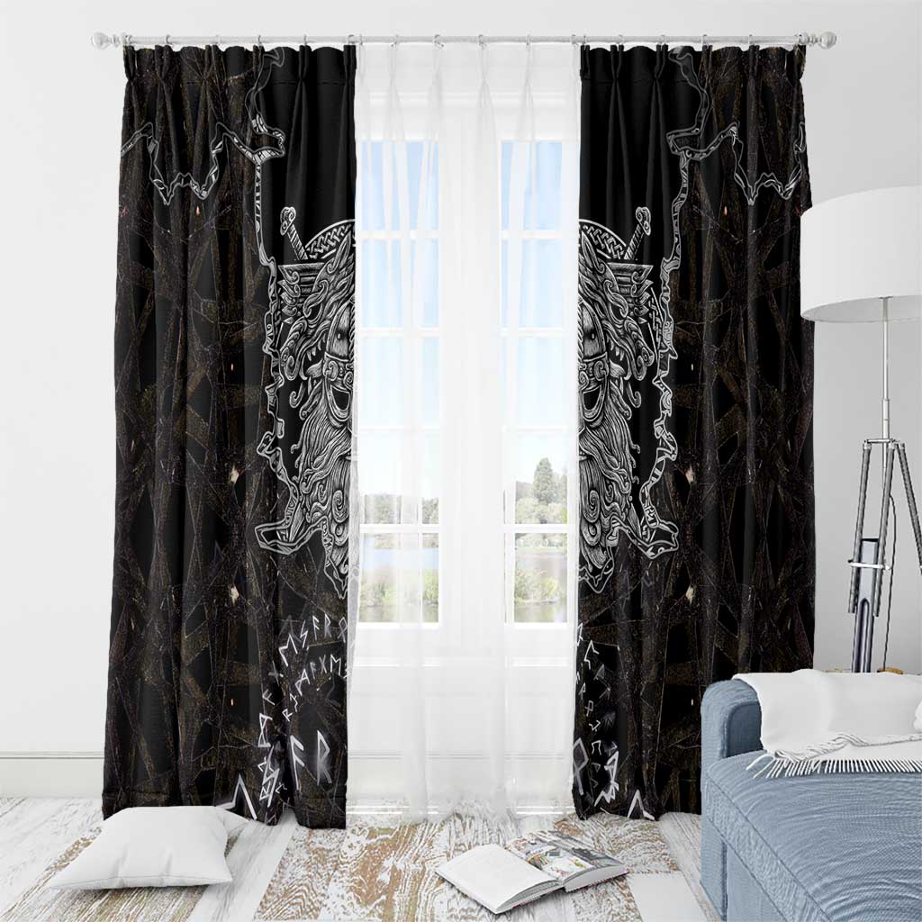 Viking Elder and Helm of Awe Norse Mythology Window Curtain Monochrome Rune Engraving Style