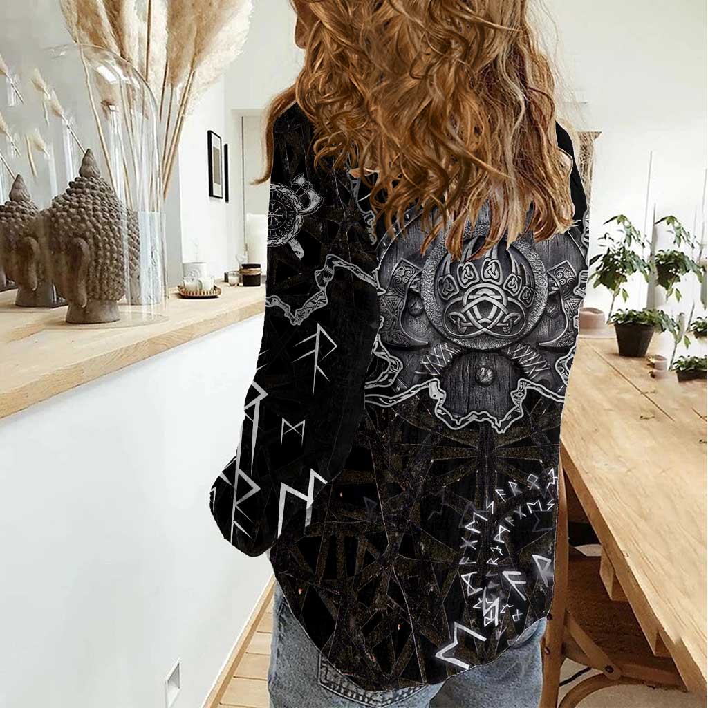 Viking Elder and Helm of Awe Norse Mythology Women Casual Shirt Monochrome Rune Engraving Style