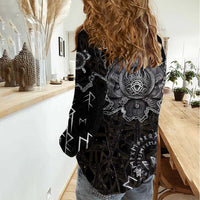 Viking Elder and Helm of Awe Norse Mythology Women Casual Shirt Monochrome Rune Engraving Style