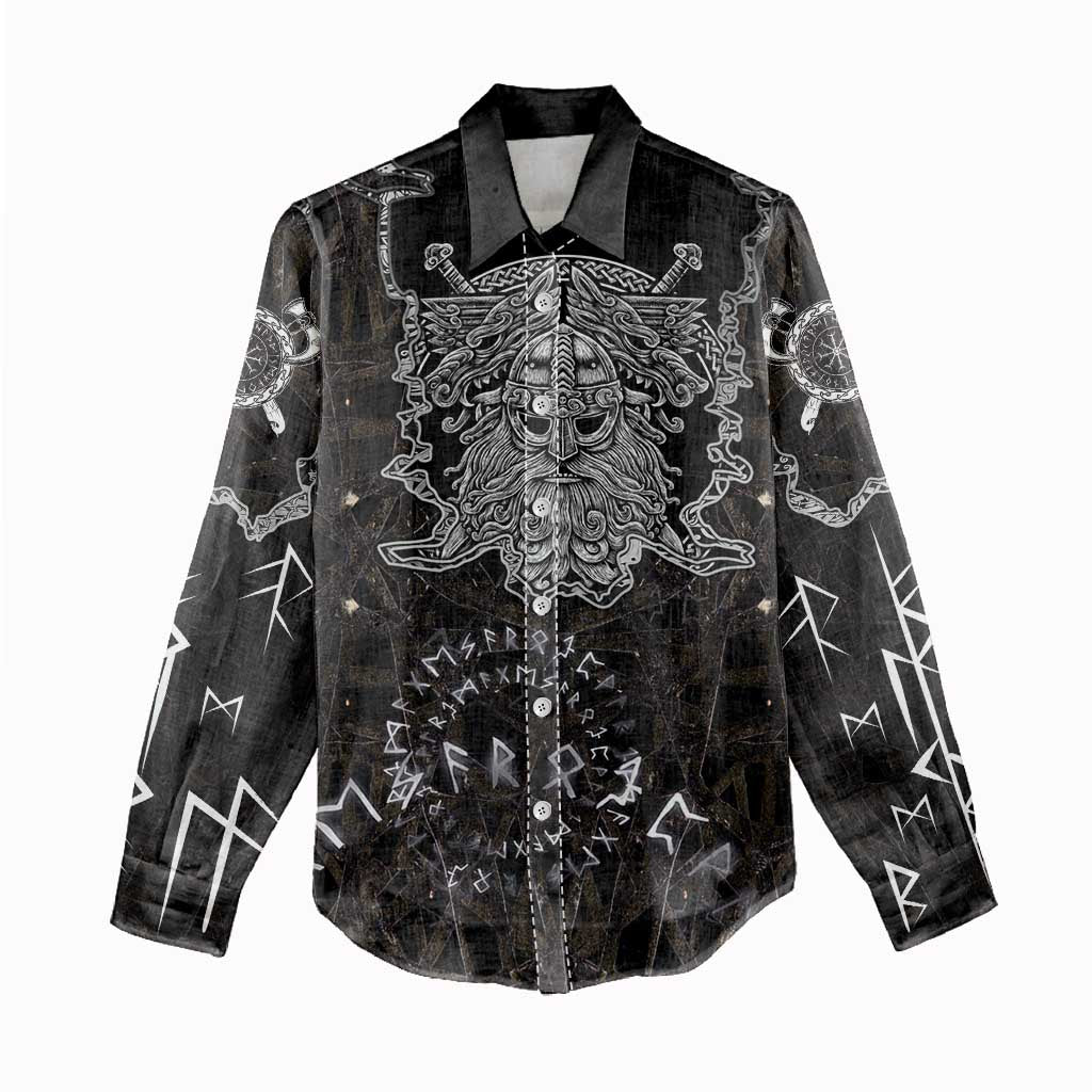 Viking Elder and Helm of Awe Norse Mythology Women Casual Shirt Monochrome Rune Engraving Style