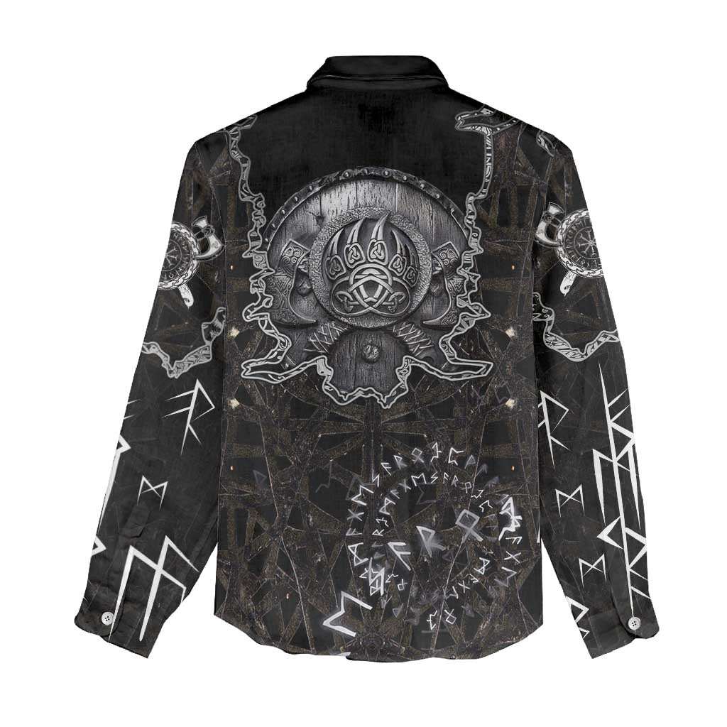 Viking Elder and Helm of Awe Norse Mythology Women Casual Shirt Monochrome Rune Engraving Style
