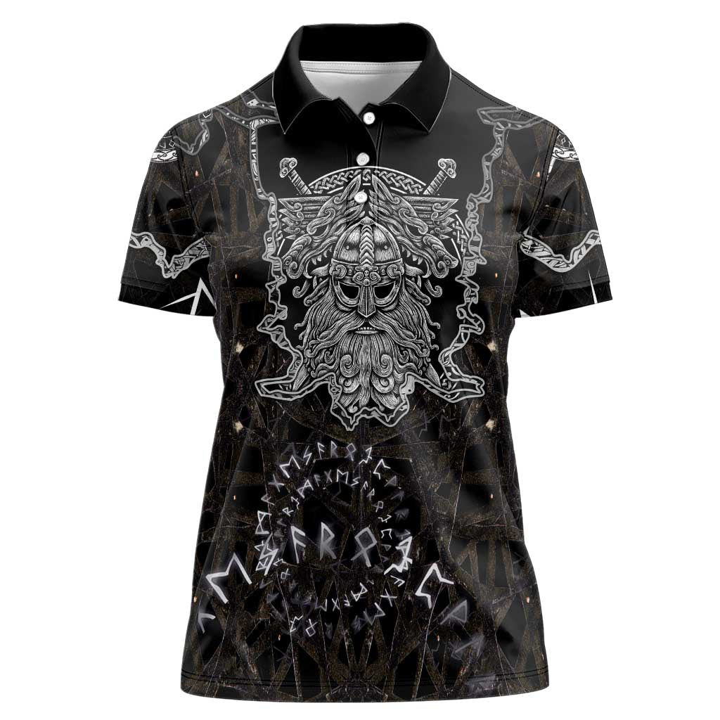 Viking Elder and Helm of Awe Norse Mythology Women Polo Shirt Monochrome Rune Engraving Style