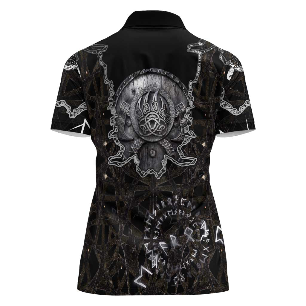 Viking Elder and Helm of Awe Norse Mythology Women Polo Shirt Monochrome Rune Engraving Style