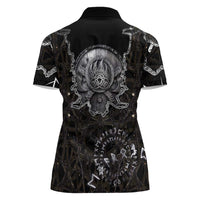 Viking Elder and Helm of Awe Norse Mythology Women Polo Shirt Monochrome Rune Engraving Style