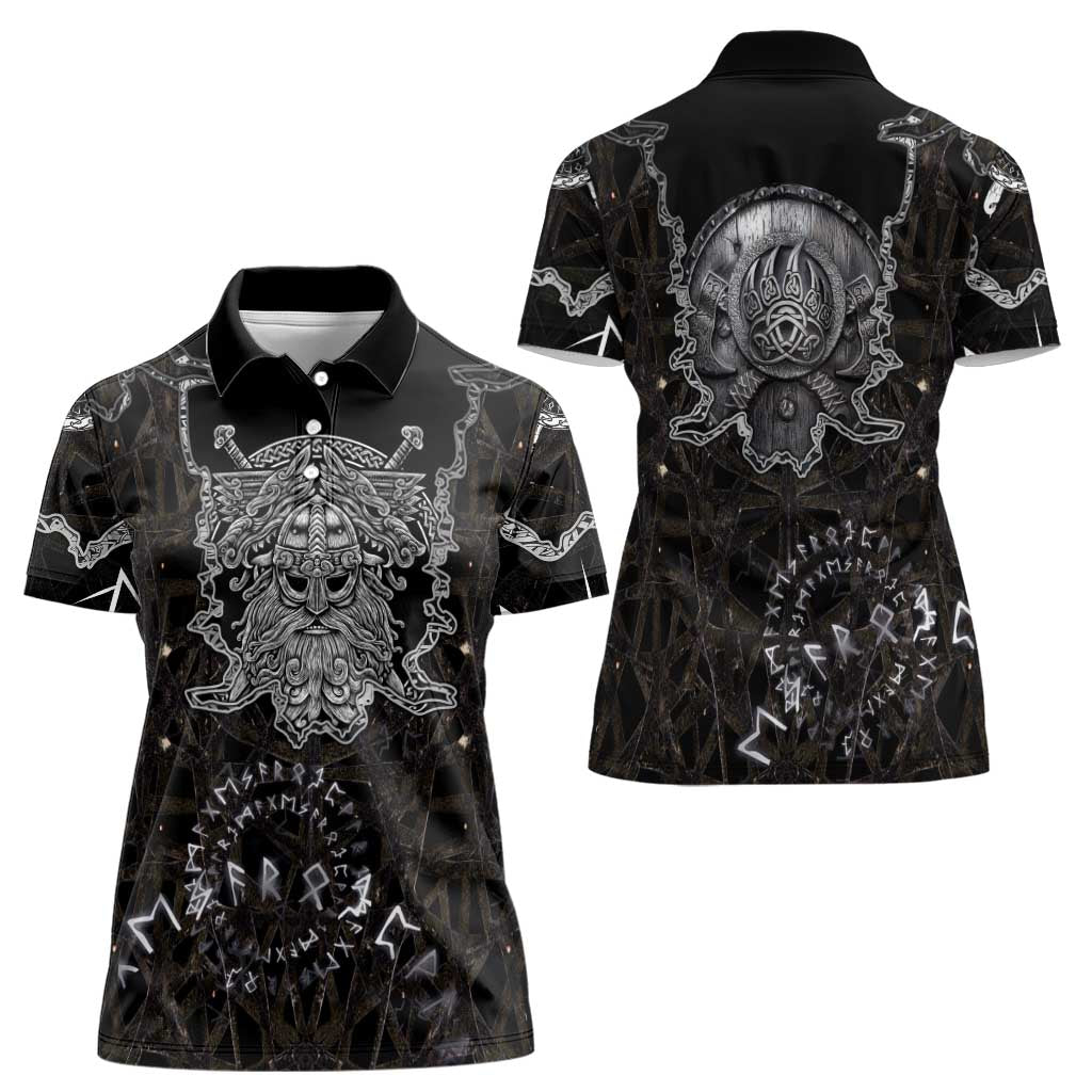 Viking Elder and Helm of Awe Norse Mythology Women Polo Shirt Monochrome Rune Engraving Style