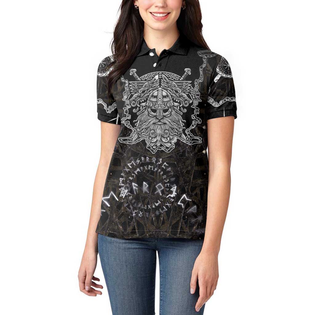 Viking Elder and Helm of Awe Norse Mythology Women Polo Shirt Monochrome Rune Engraving Style