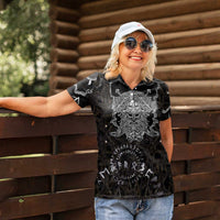 Viking Elder and Helm of Awe Norse Mythology Women Polo Shirt Monochrome Rune Engraving Style