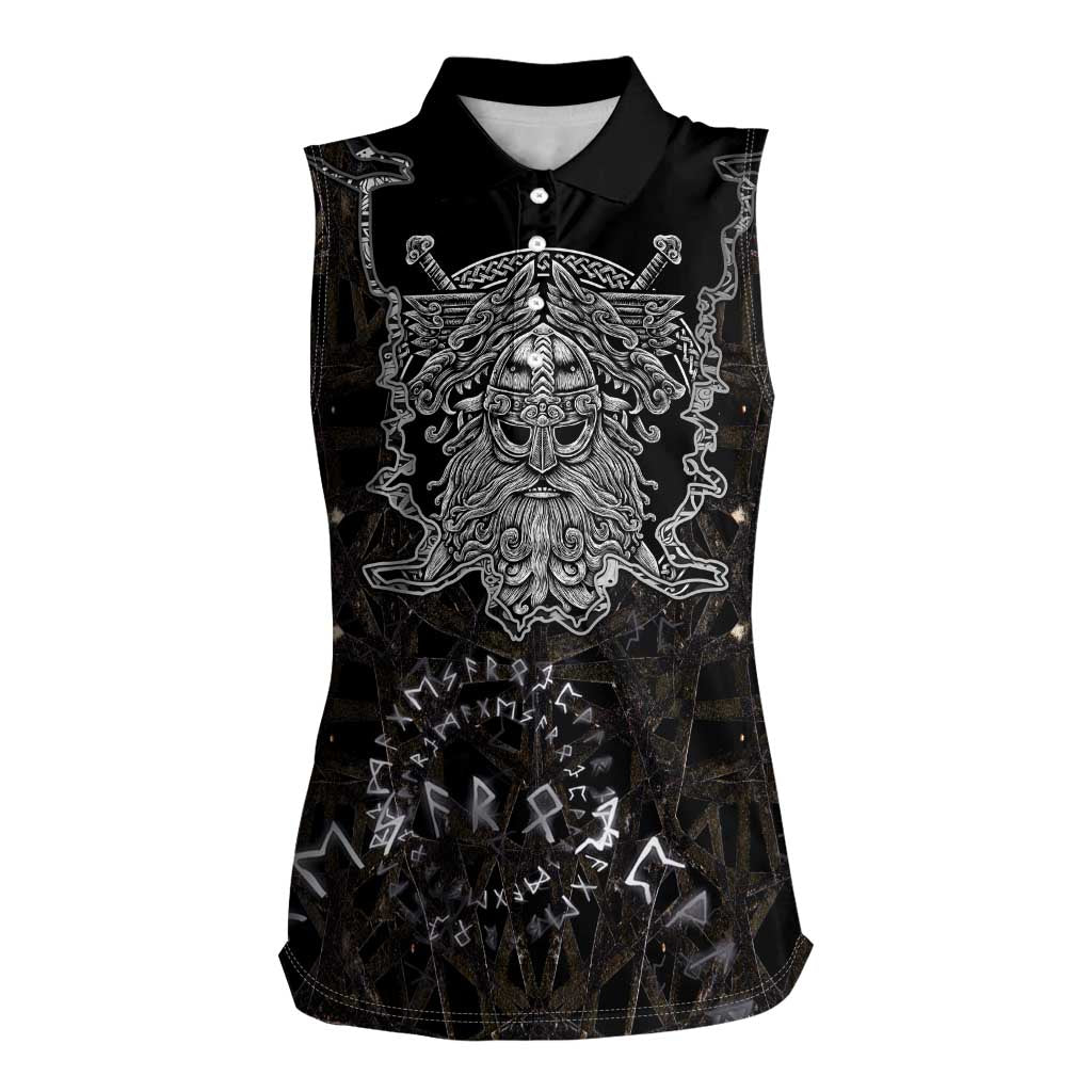 Viking Elder and Helm of Awe Norse Mythology Women Sleeveless Polo Shirt Monochrome Rune Engraving Style