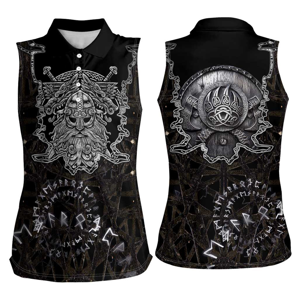 Viking Elder and Helm of Awe Norse Mythology Women Sleeveless Polo Shirt Monochrome Rune Engraving Style