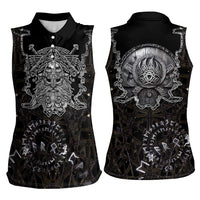 Viking Elder and Helm of Awe Norse Mythology Women Sleeveless Polo Shirt Monochrome Rune Engraving Style