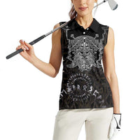 Viking Elder and Helm of Awe Norse Mythology Women Sleeveless Polo Shirt Monochrome Rune Engraving Style