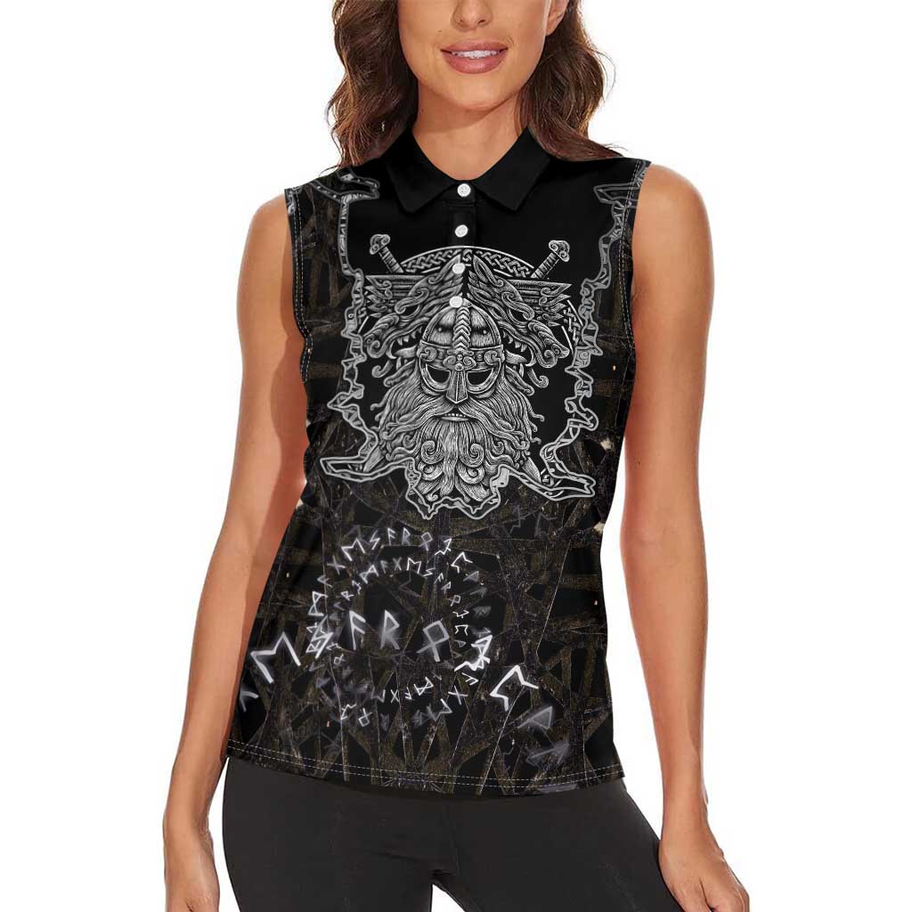Viking Elder and Helm of Awe Norse Mythology Women Sleeveless Polo Shirt Monochrome Rune Engraving Style