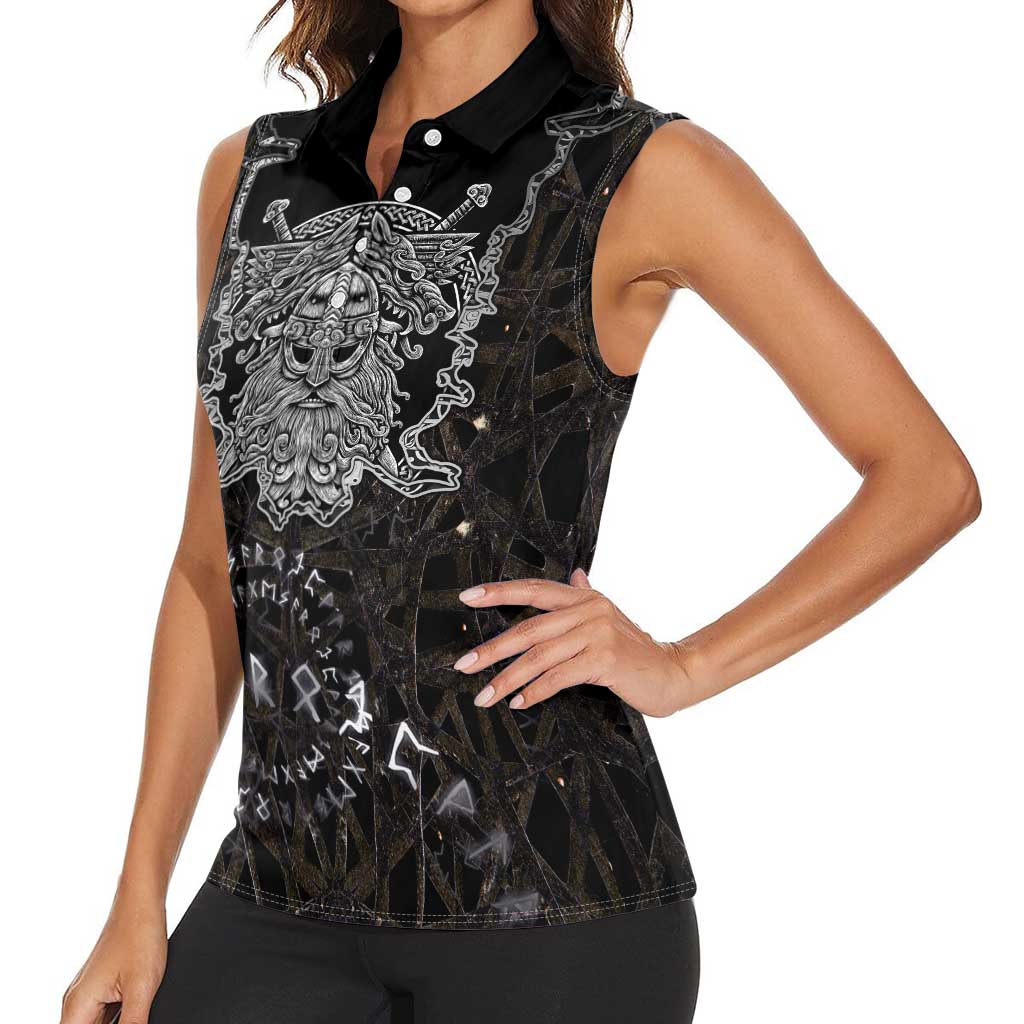 Viking Elder and Helm of Awe Norse Mythology Women Sleeveless Polo Shirt Monochrome Rune Engraving Style
