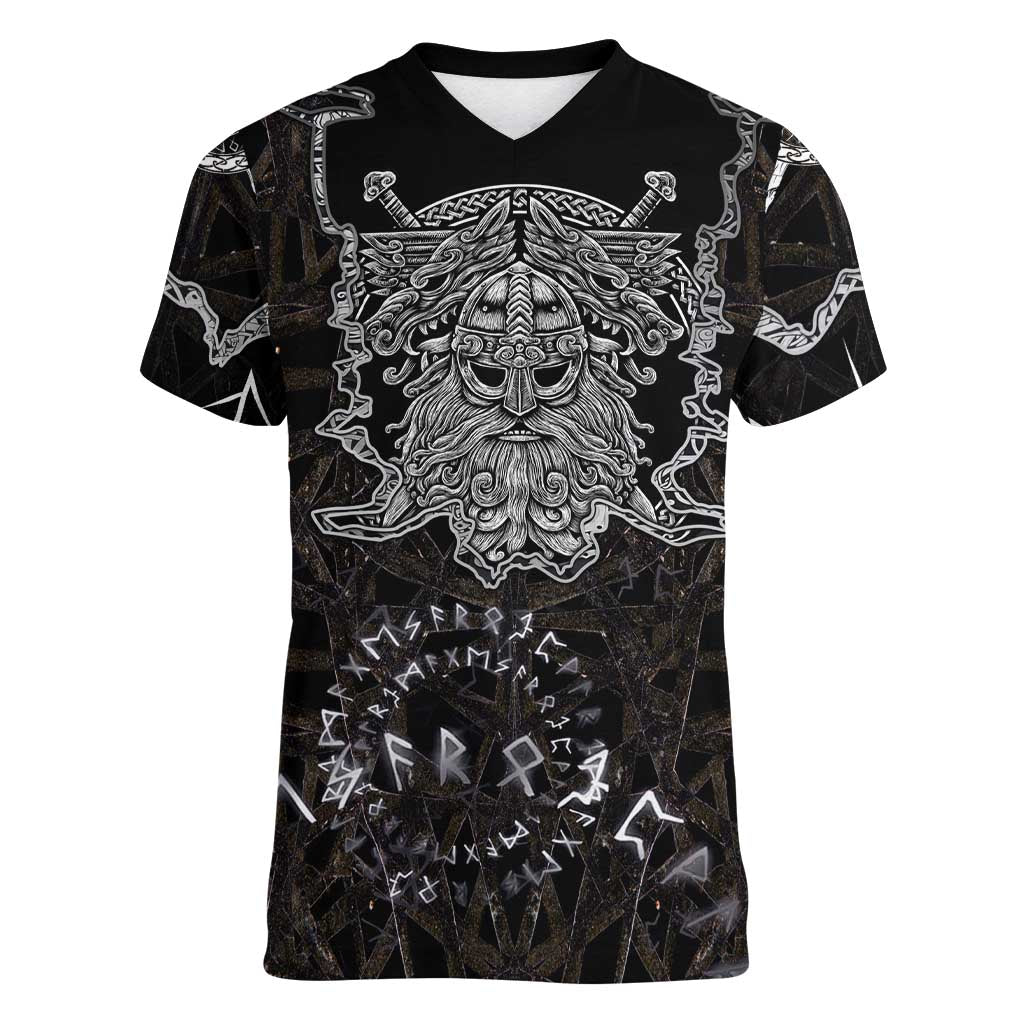 Viking Elder and Helm of Awe Norse Mythology Women V-Neck T-Shirt Monochrome Rune Engraving Style