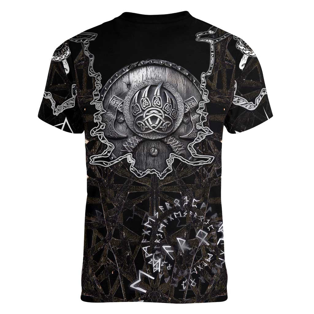 Viking Elder and Helm of Awe Norse Mythology Women V-Neck T-Shirt Monochrome Rune Engraving Style