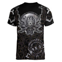 Viking Elder and Helm of Awe Norse Mythology Women V-Neck T-Shirt Monochrome Rune Engraving Style