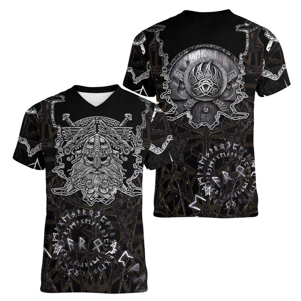Viking Elder and Helm of Awe Norse Mythology Women V-Neck T-Shirt Monochrome Rune Engraving Style