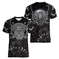 Viking Elder and Helm of Awe Norse Mythology Women V-Neck T-Shirt Monochrome Rune Engraving Style