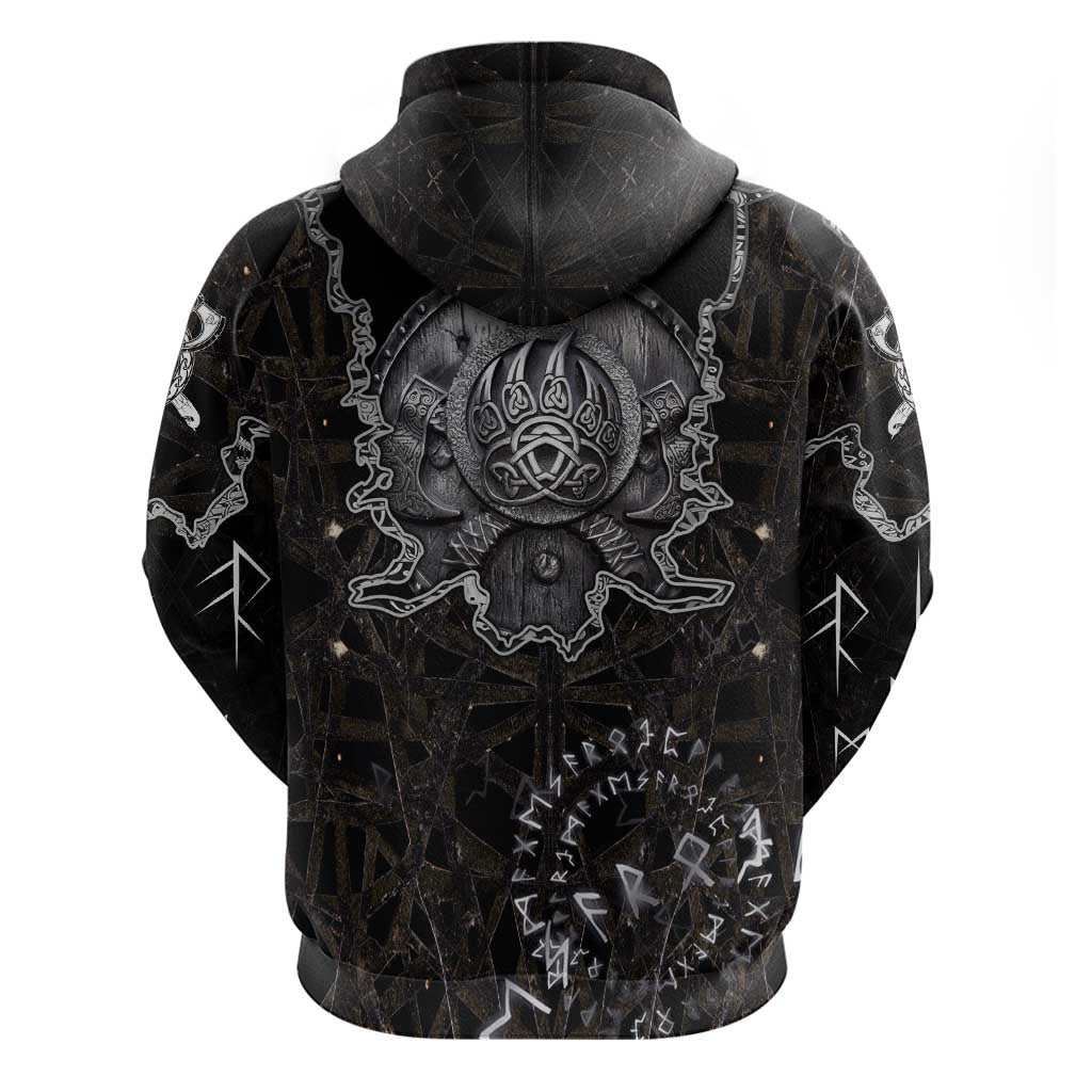 Viking Elder and Helm of Awe Norse Mythology Zip Hoodie Monochrome Rune Engraving Style