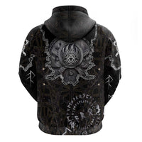 Viking Elder and Helm of Awe Norse Mythology Zip Hoodie Monochrome Rune Engraving Style
