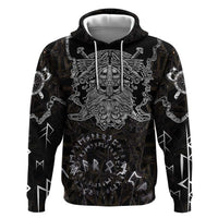 Viking Elder and Helm of Awe Norse Mythology Zip Hoodie Monochrome Rune Engraving Style