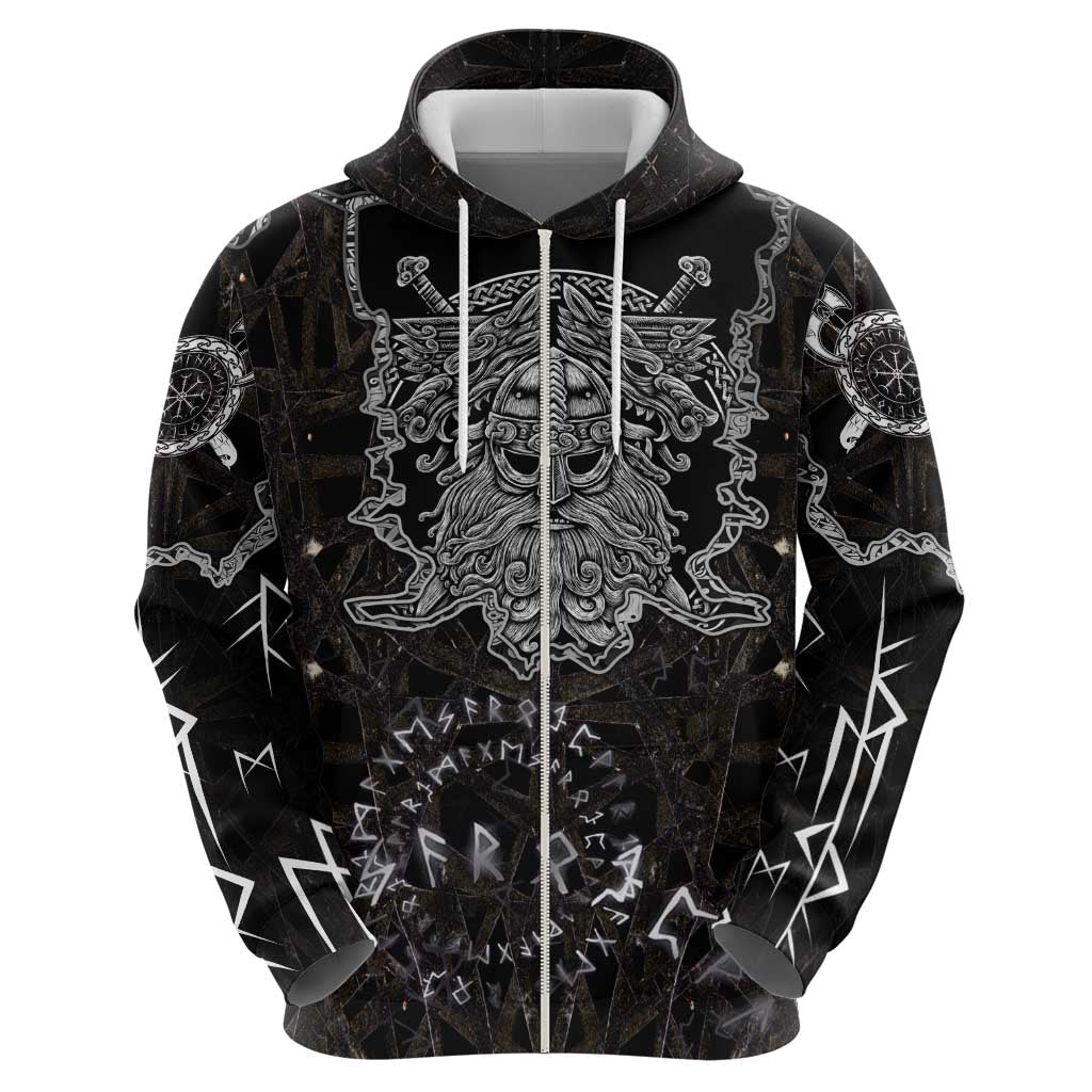 Viking Elder and Helm of Awe Norse Mythology Zip Hoodie Monochrome Rune Engraving Style