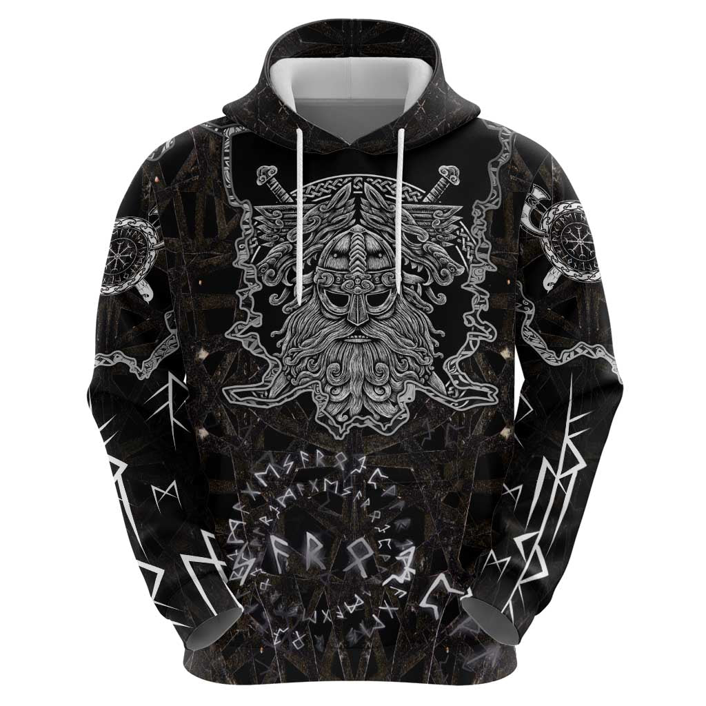 Viking Elder and Helm of Awe Norse Mythology Zip Hoodie Monochrome Rune Engraving Style