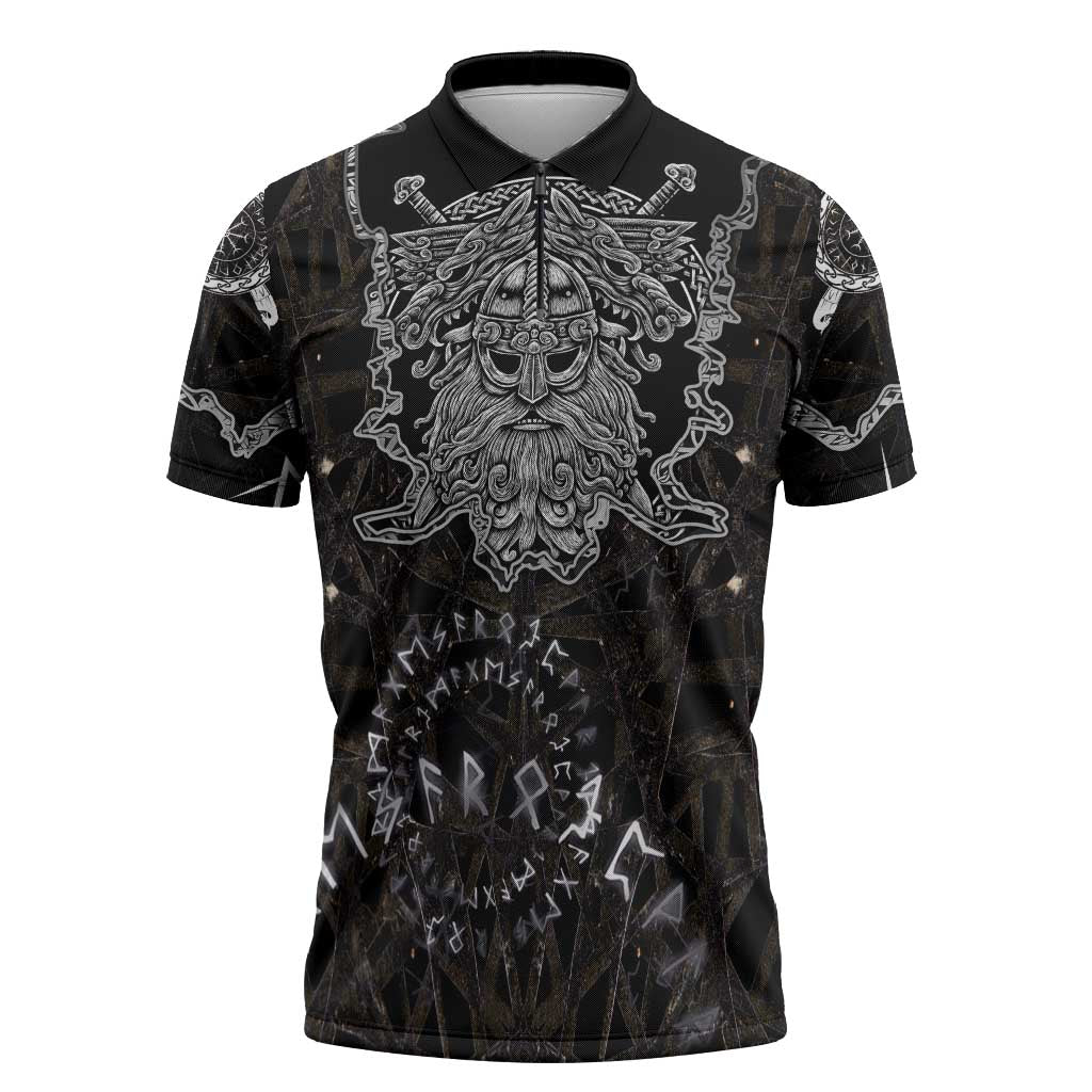 Viking Elder and Helm of Awe Norse Mythology Zipper Polo Shirt Monochrome Rune Engraving Style