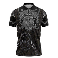 Viking Elder and Helm of Awe Norse Mythology Zipper Polo Shirt Monochrome Rune Engraving Style