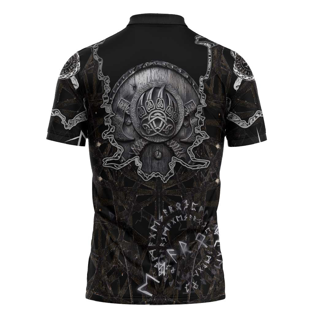 Viking Elder and Helm of Awe Norse Mythology Zipper Polo Shirt Monochrome Rune Engraving Style