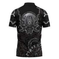 Viking Elder and Helm of Awe Norse Mythology Zipper Polo Shirt Monochrome Rune Engraving Style