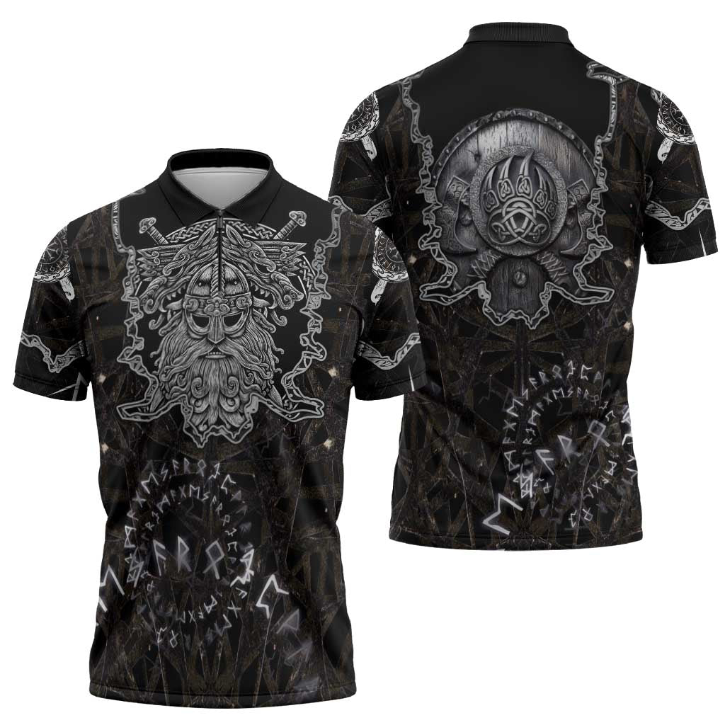 Viking Elder and Helm of Awe Norse Mythology Zipper Polo Shirt Monochrome Rune Engraving Style