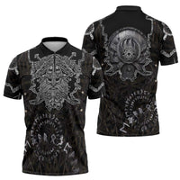 Viking Elder and Helm of Awe Norse Mythology Zipper Polo Shirt Monochrome Rune Engraving Style