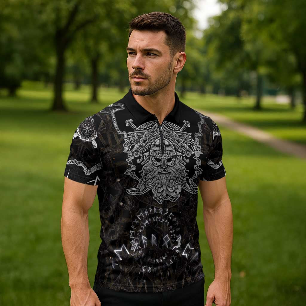 Viking Elder and Helm of Awe Norse Mythology Zipper Polo Shirt Monochrome Rune Engraving Style