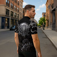 Viking Elder and Helm of Awe Norse Mythology Zipper Polo Shirt Monochrome Rune Engraving Style