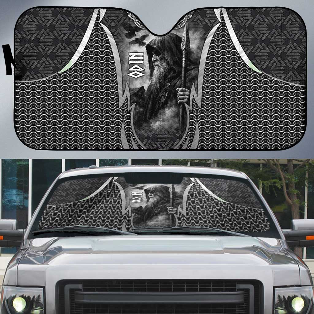 Odin and Viking Warrior Norse Mythology Auto Sun Shade Realistic Black and Grey Tattoo Style