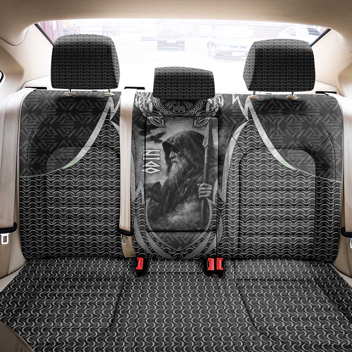 Odin and Viking Warrior Norse Mythology Back Car Seat Cover Realistic Black and Grey Tattoo Style