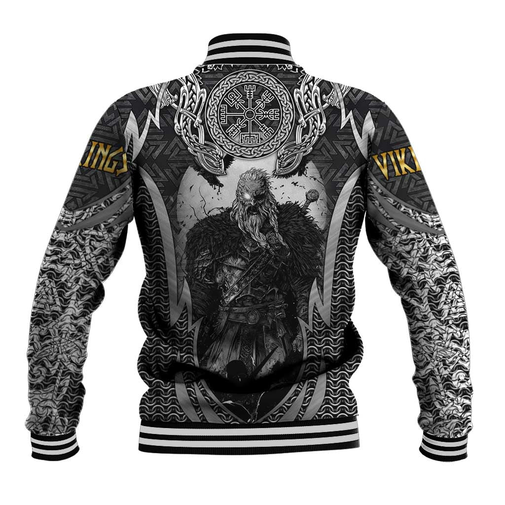Odin and Viking Warrior Norse Mythology Baseball Jacket Realistic Black and Grey Tattoo Style