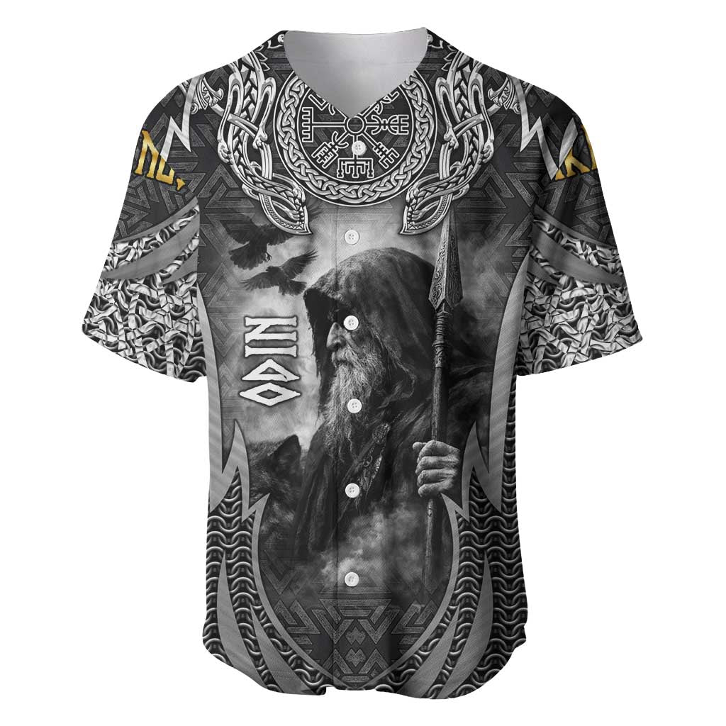 Odin and Viking Warrior Norse Mythology Baseball Jersey Realistic Black and Grey Tattoo Style