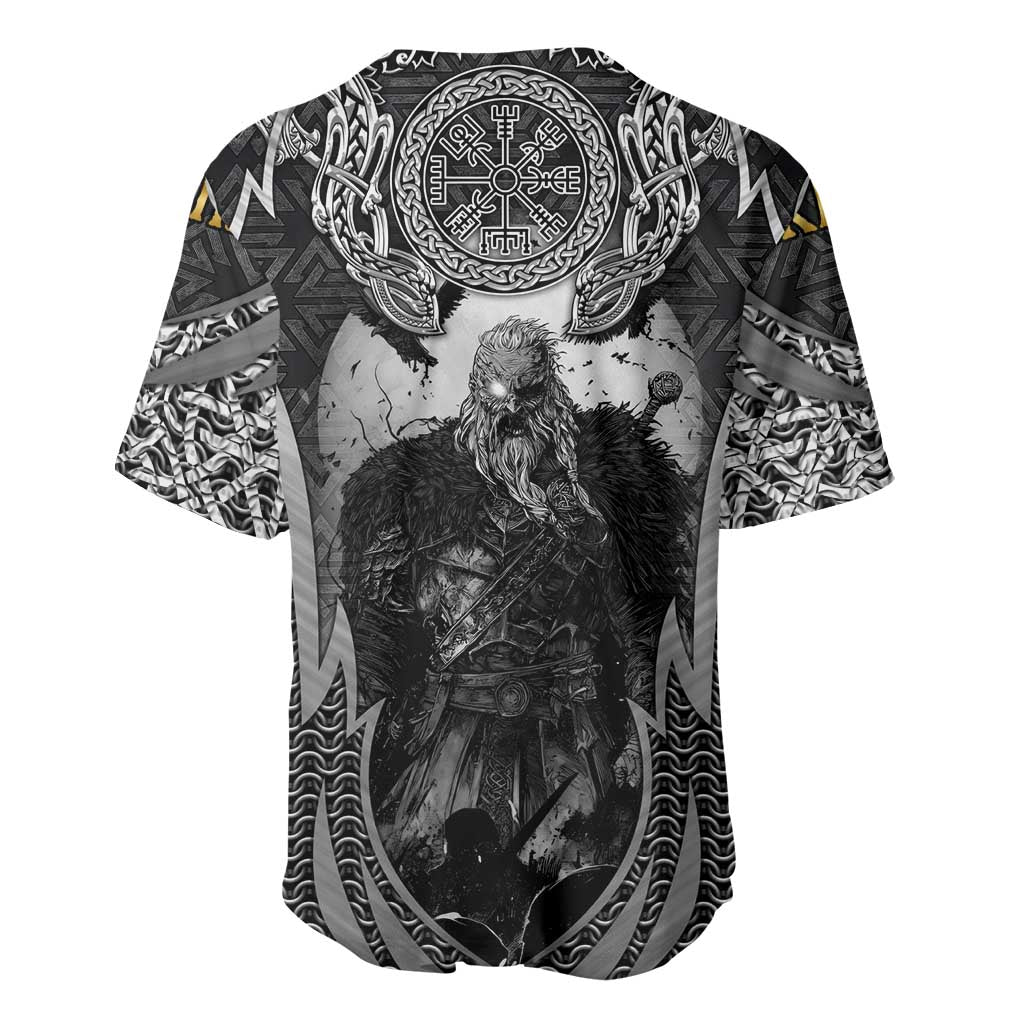 Odin and Viking Warrior Norse Mythology Baseball Jersey Realistic Black and Grey Tattoo Style