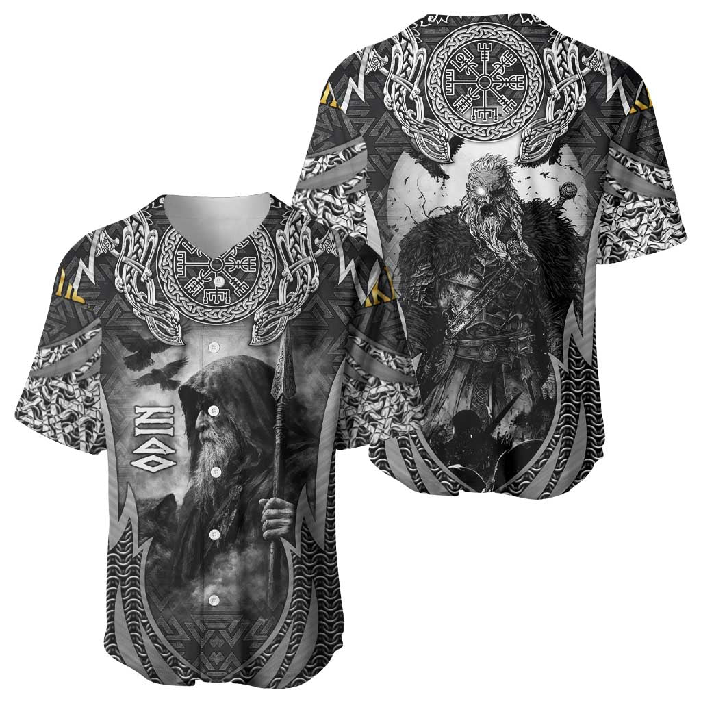 Odin and Viking Warrior Norse Mythology Baseball Jersey Realistic Black and Grey Tattoo Style