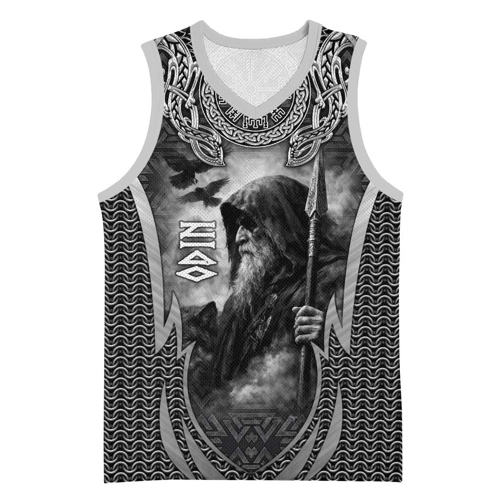 Odin and Viking Warrior Norse Mythology Basketball Jersey Realistic Black and Grey Tattoo Style