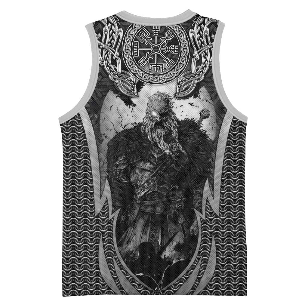 Odin and Viking Warrior Norse Mythology Basketball Jersey Realistic Black and Grey Tattoo Style
