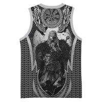 Odin and Viking Warrior Norse Mythology Basketball Jersey Realistic Black and Grey Tattoo Style