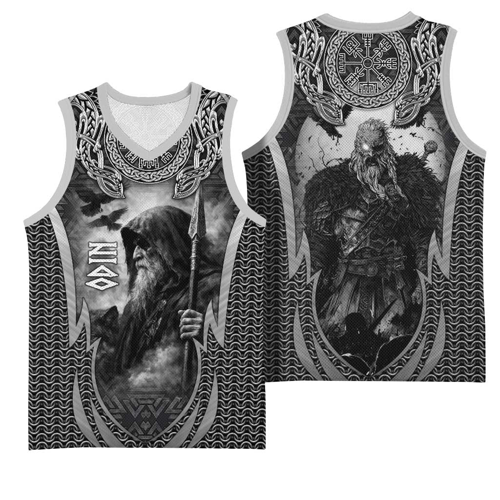 Odin and Viking Warrior Norse Mythology Basketball Jersey Realistic Black and Grey Tattoo Style